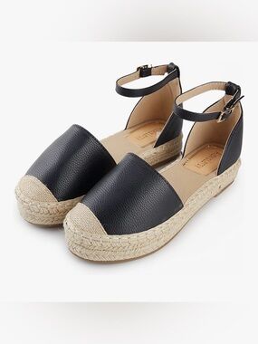 Alexis Leroy Sz 10 Black Tan Espadrille Strap Sandals Jute Sole Closed Toe Boho